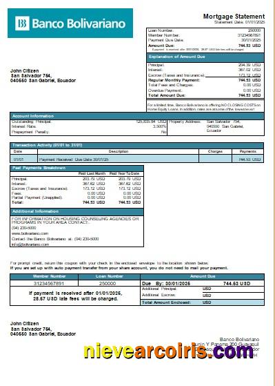 Ecuador Banco Bolivariano bank mortgage statement